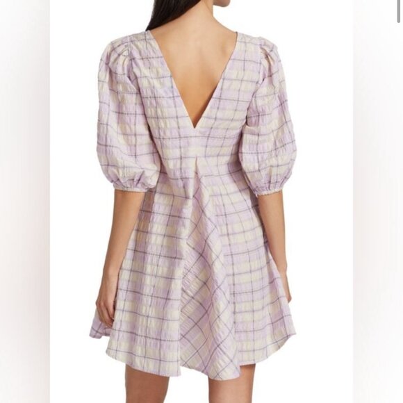 GANNI SEERSUCKER CHECK V NECK MINI DRESS - Picture 2 of 7